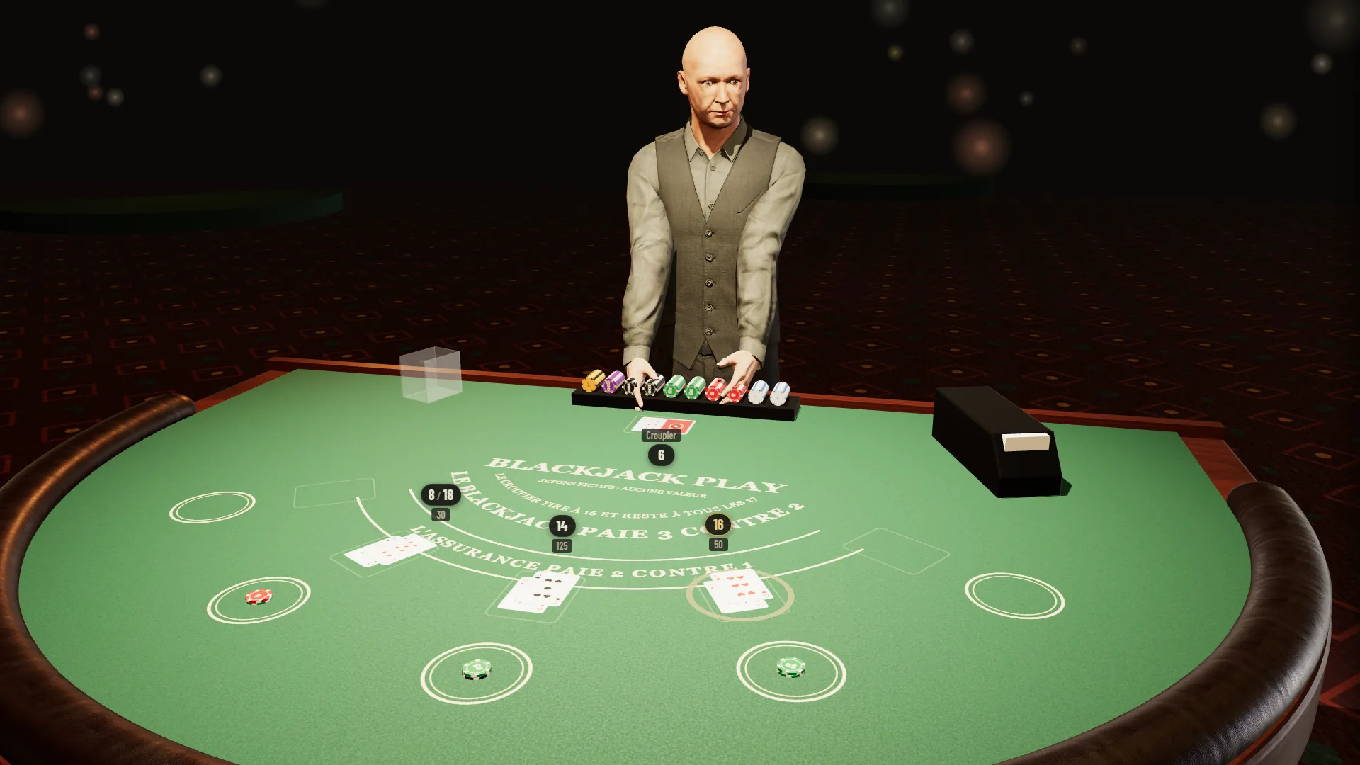 Table de blackjack 3D de Sabot : le croupier face à trois mains en jeu